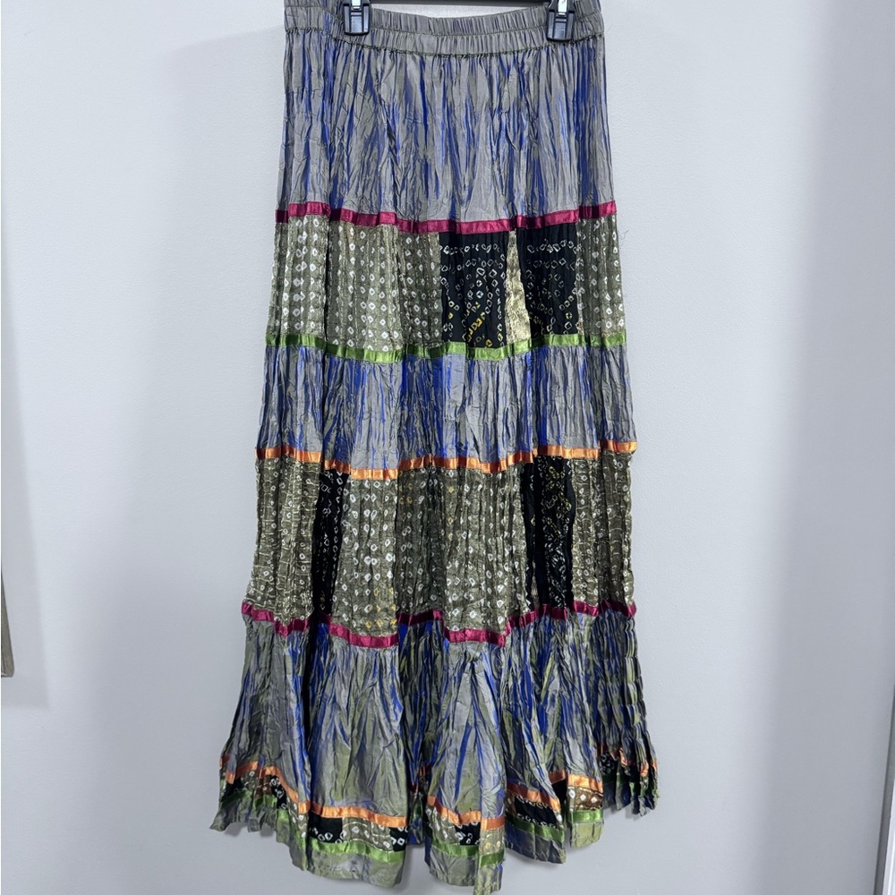 Women's Anii by Natural 100% Silk Bohemian Patchwork Maxi Skirt. Size L
